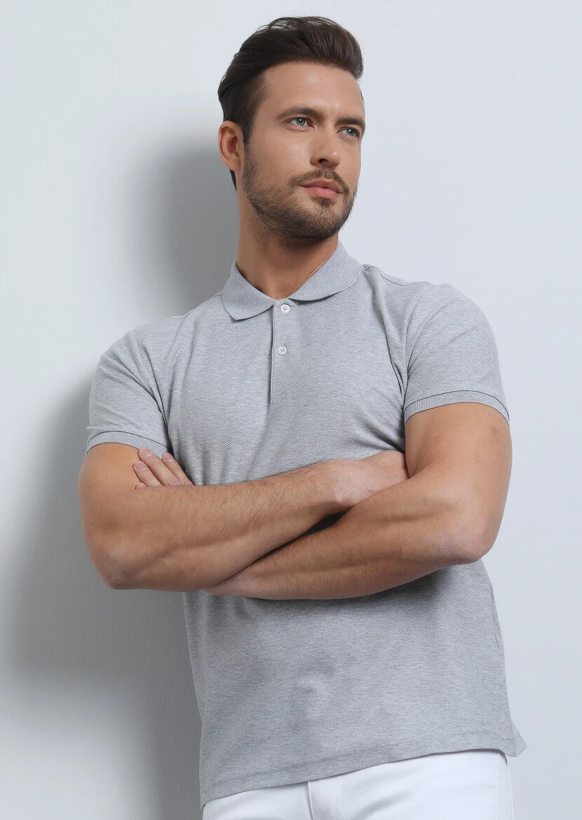Grey Jacquard Polo Neck 100% Cotton T-Shirt - 2