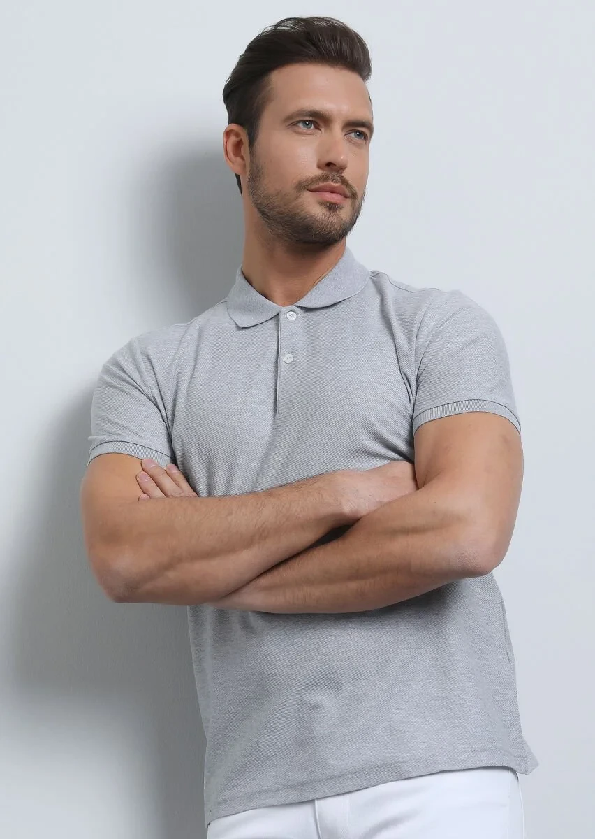 Grey Jacquard Polo Neck 100% Cotton T-Shirt - 2
