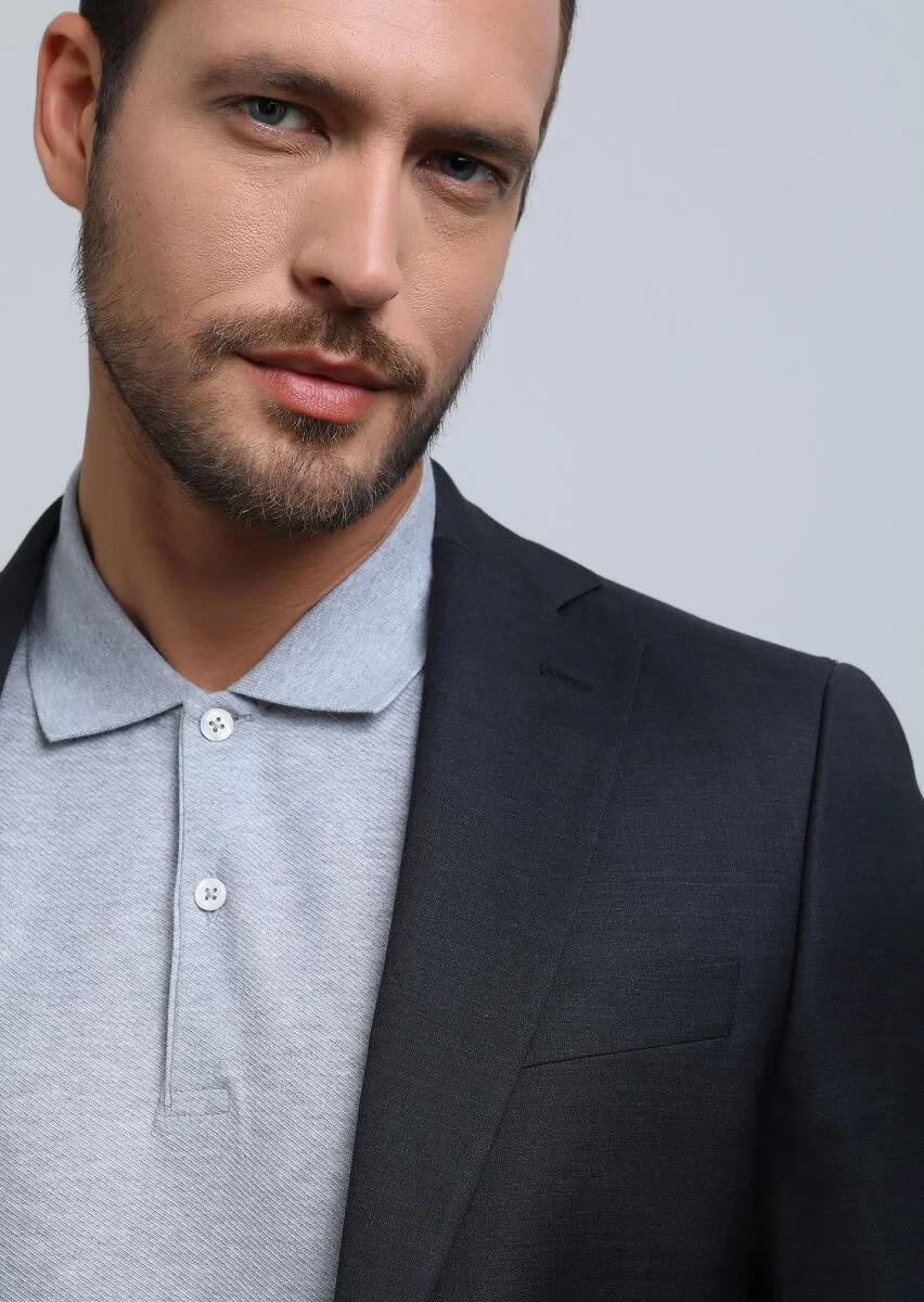 Grey Jacquard Polo Neck 100% Cotton T-Shirt - 3