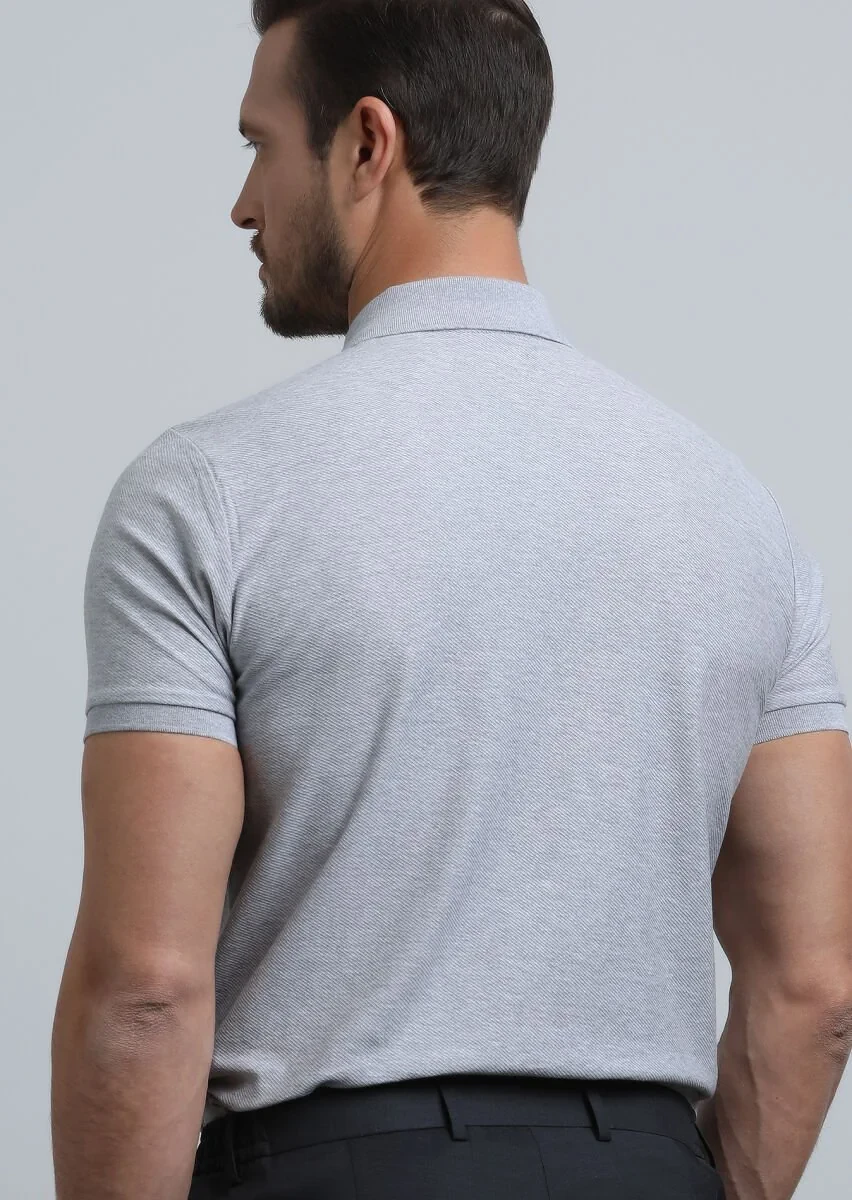 Grey Jacquard Polo Neck 100% Cotton T-Shirt - 5