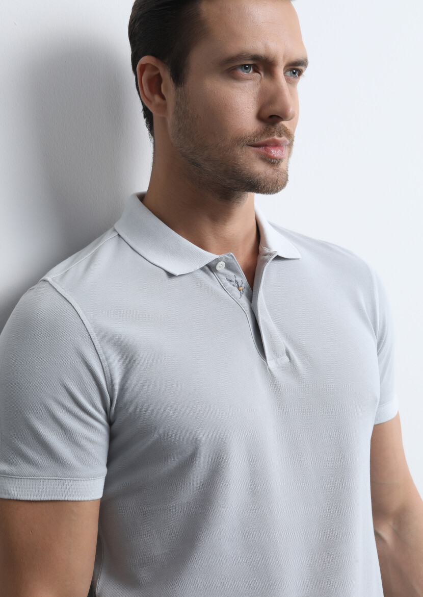 Grey Jacquard Polo Neck 100% Cotton T-Shirt - 1