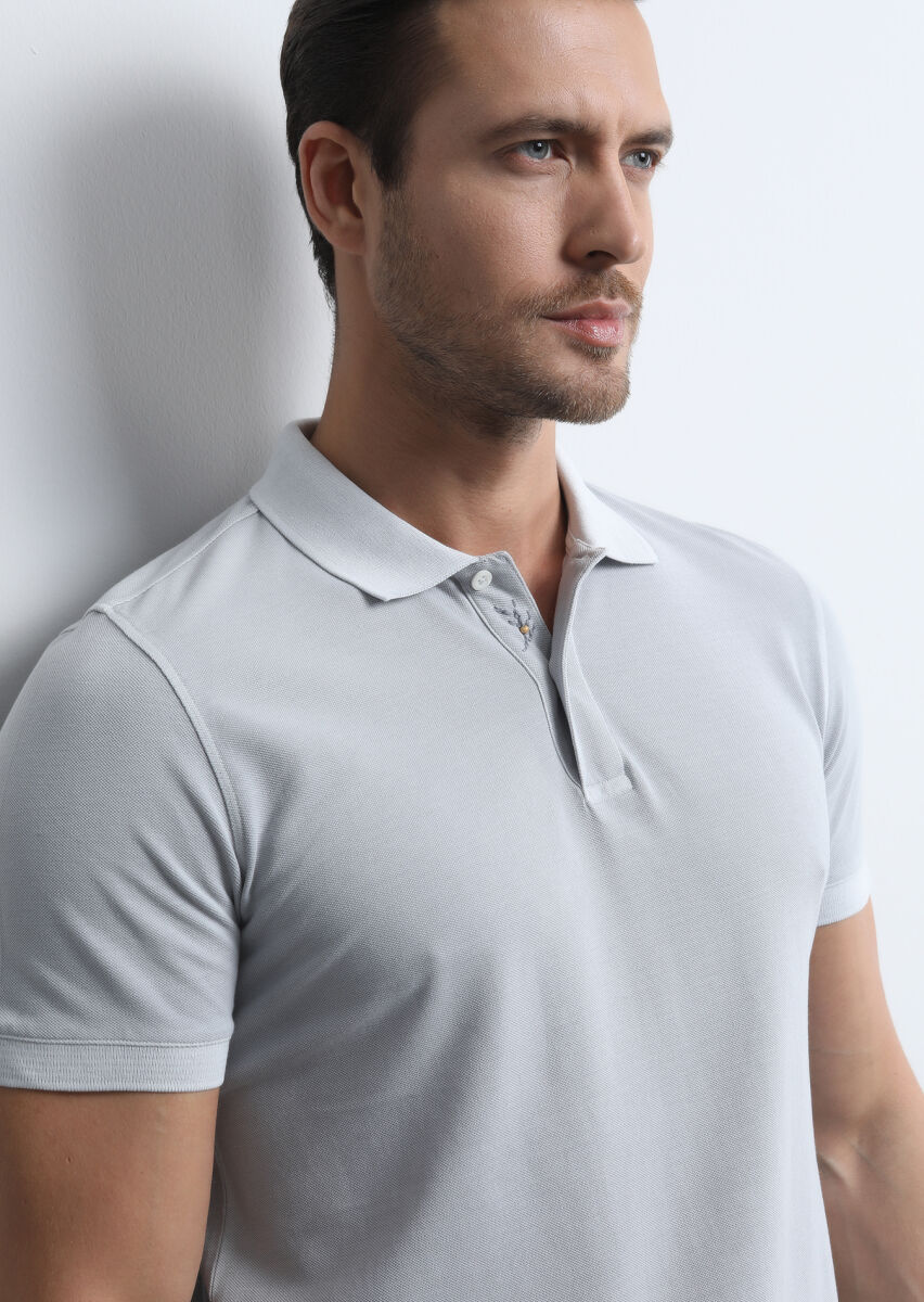 Grey Jacquard Polo Neck 100% Cotton T-Shirt - 1