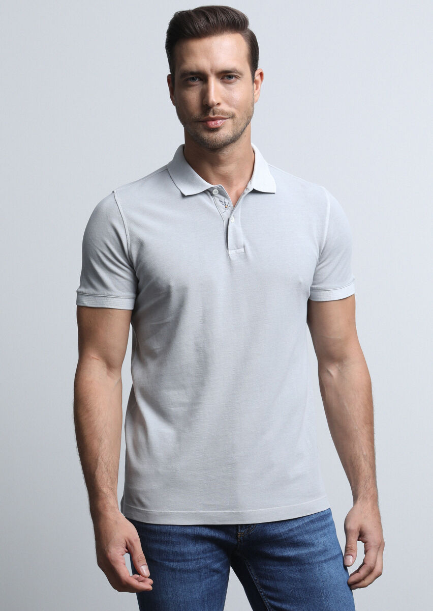 Grey Jacquard Polo Neck 100% Cotton T-Shirt - 2