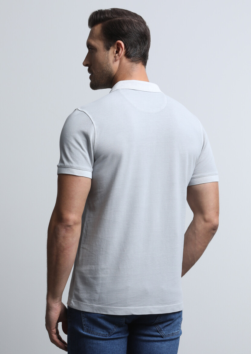 Grey Jacquard Polo Neck 100% Cotton T-Shirt - 3