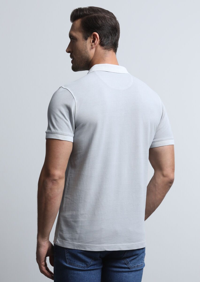 Grey Jacquard Polo Neck 100% Cotton T-Shirt - 3