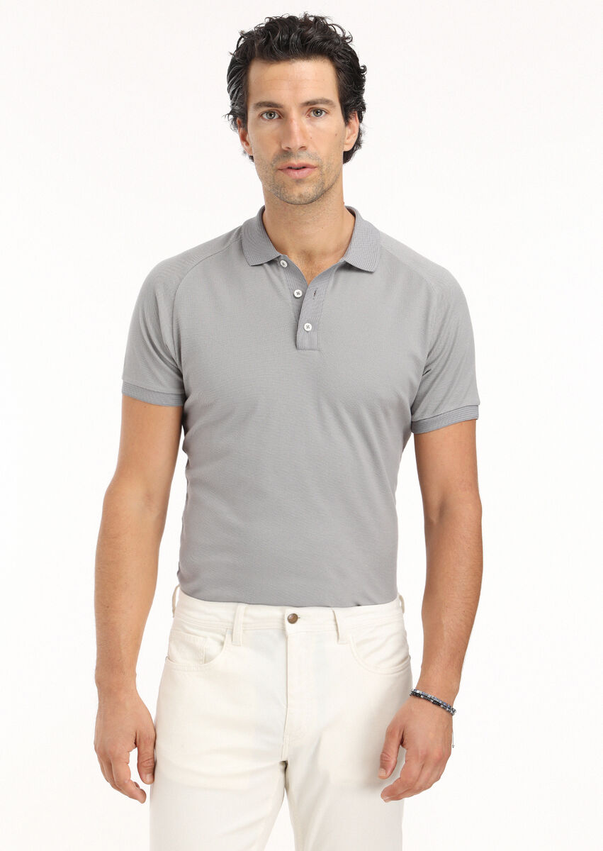 Grey Jacquard Polo Neck 100% Cotton T-Shirt - 2