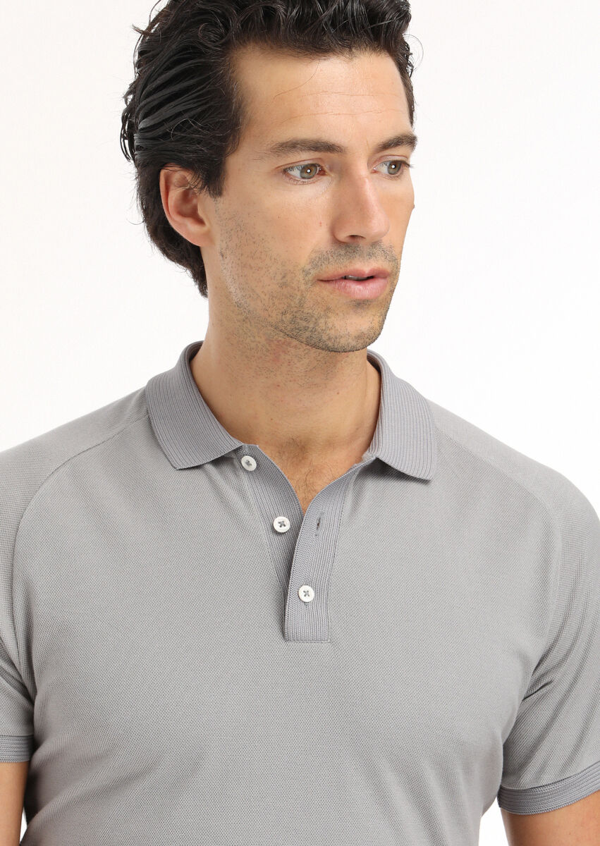 Grey Jacquard Polo Neck 100% Cotton T-Shirt - 4