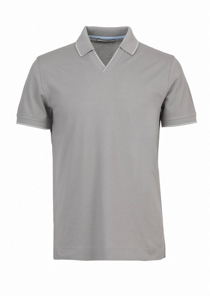 Grey Jacquard Polo Neck 100% Cotton T-Shirt 