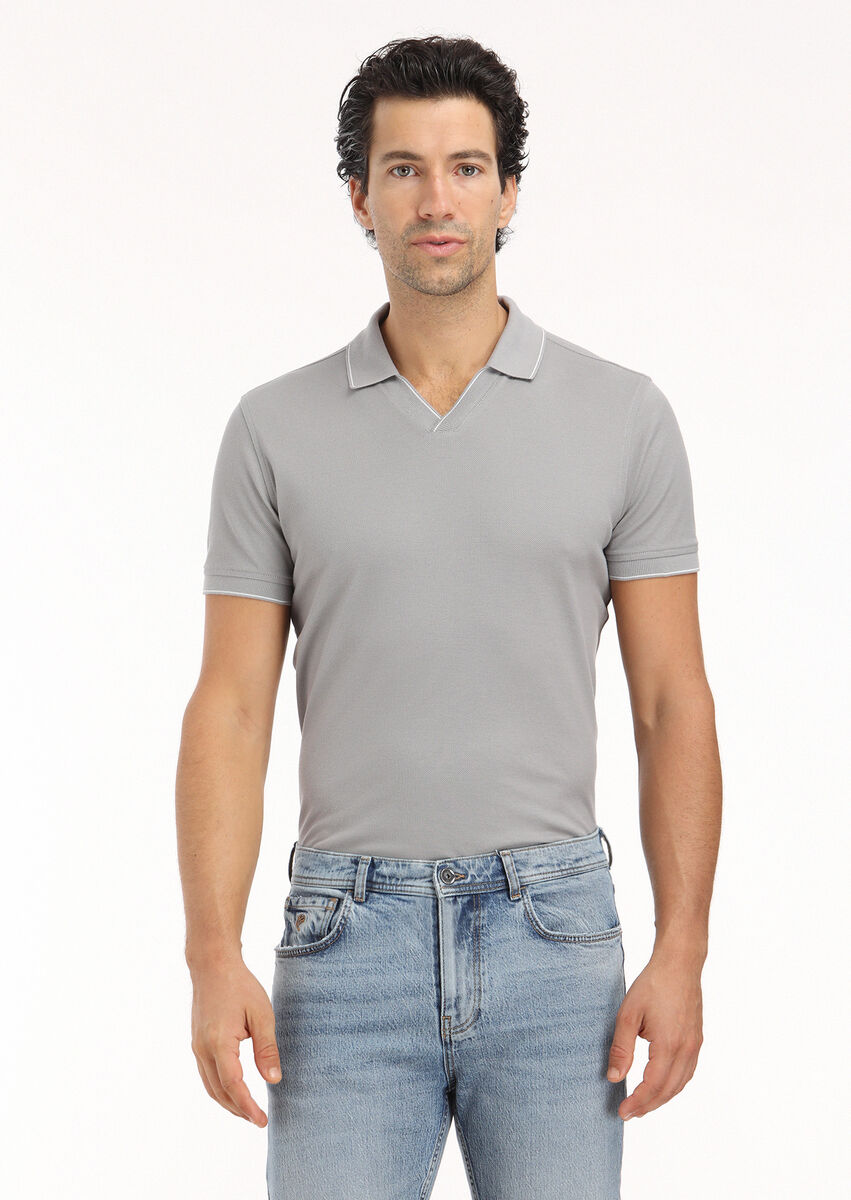 Grey Jacquard Polo Neck 100% Cotton T-Shirt - 2