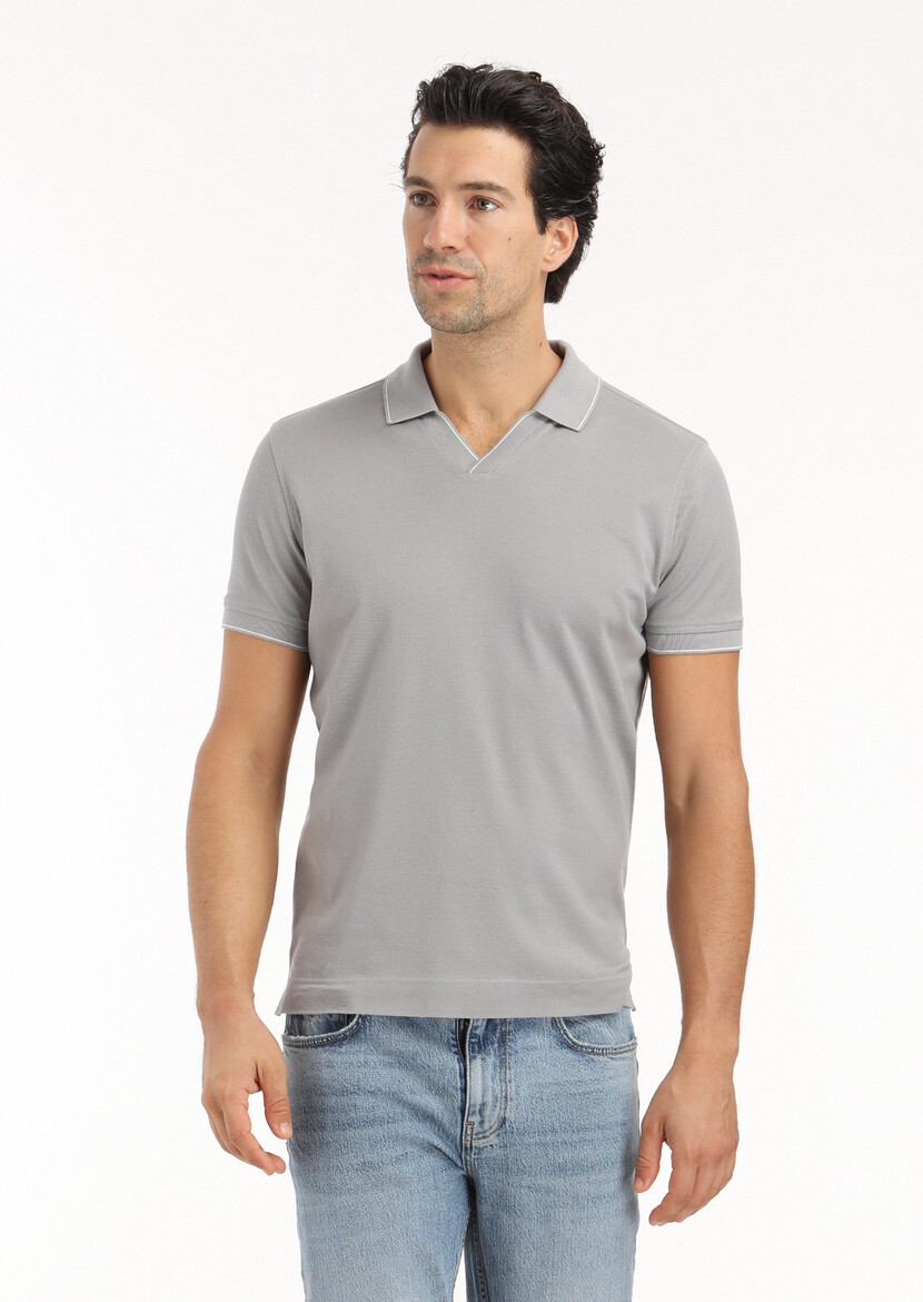 Grey Jacquard Polo Neck 100% Cotton T-Shirt - 3