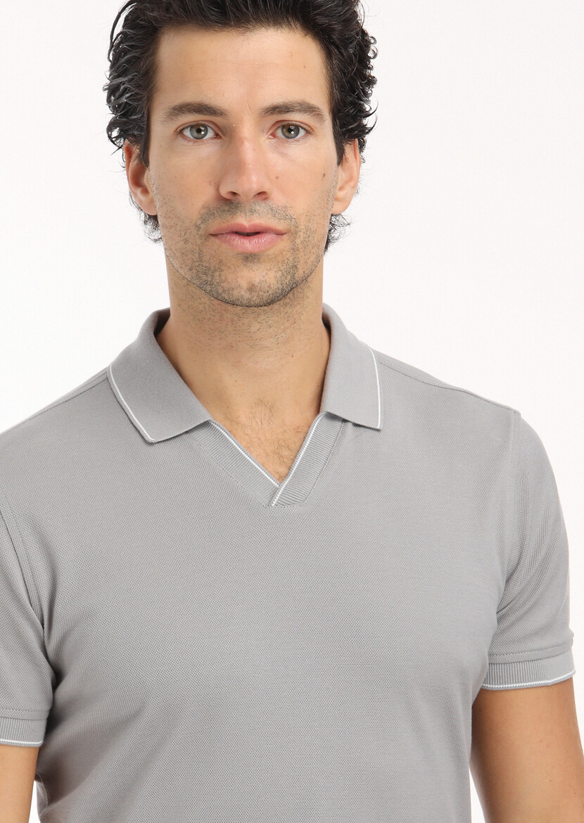 Grey Jacquard Polo Neck 100% Cotton T-Shirt - 5