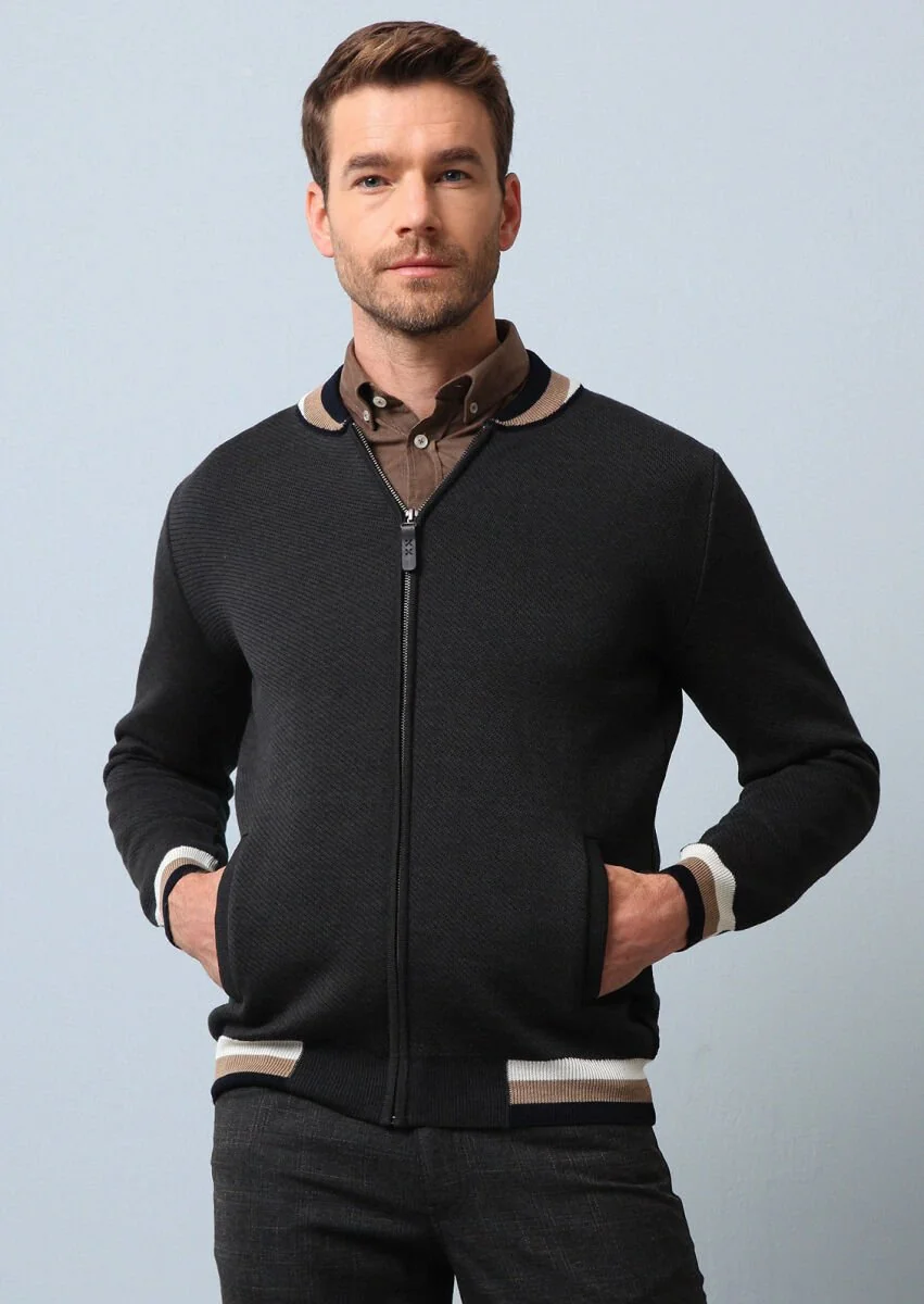 Grey Jacquard Wool Blended Cardigan - 4