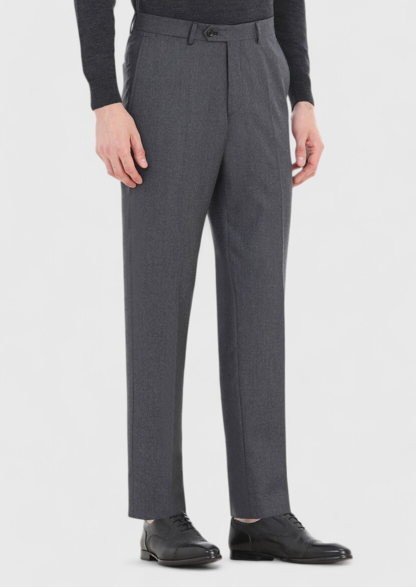 Grey Material Regular Fit Classical 100% Wool Trousers 