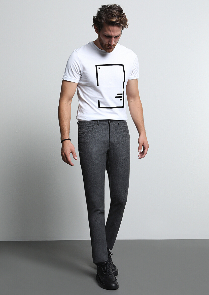 Grey Material Slim Fit Casual Wool Blended Trousers - 1