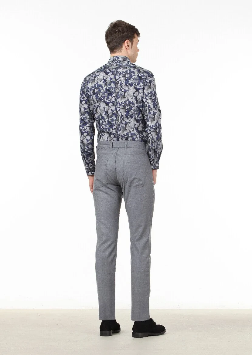 Grey Material Slim Fit Casual Wool Blended Trousers - 4