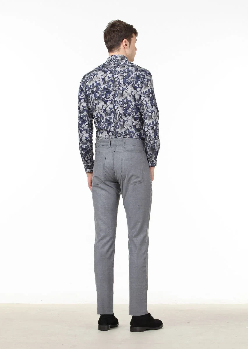 Grey Material Slim Fit Casual Wool Blended Trousers - 4