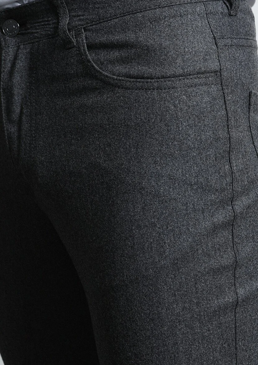 Grey Material Slim Fit Casual Wool Blended Trousers - 3