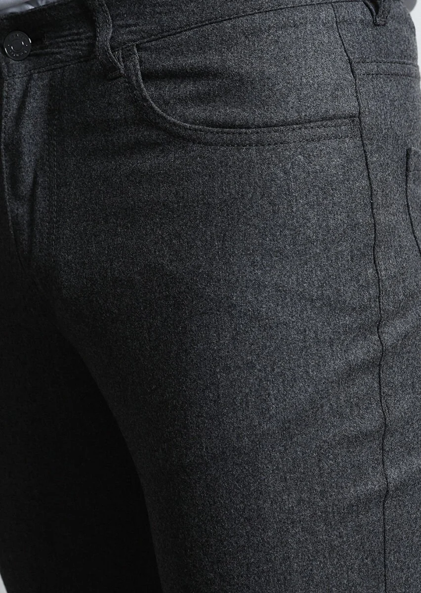 Grey Material Slim Fit Casual Wool Blended Trousers - 3