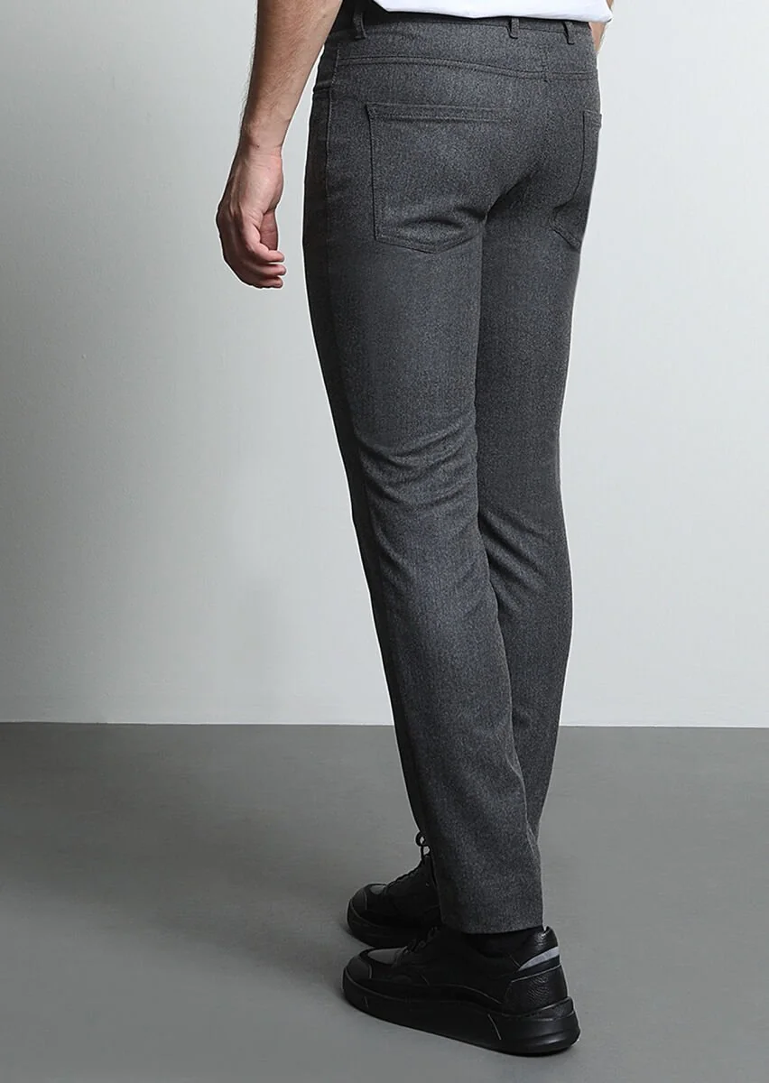 Grey Material Slim Fit Casual Wool Blended Trousers - 5