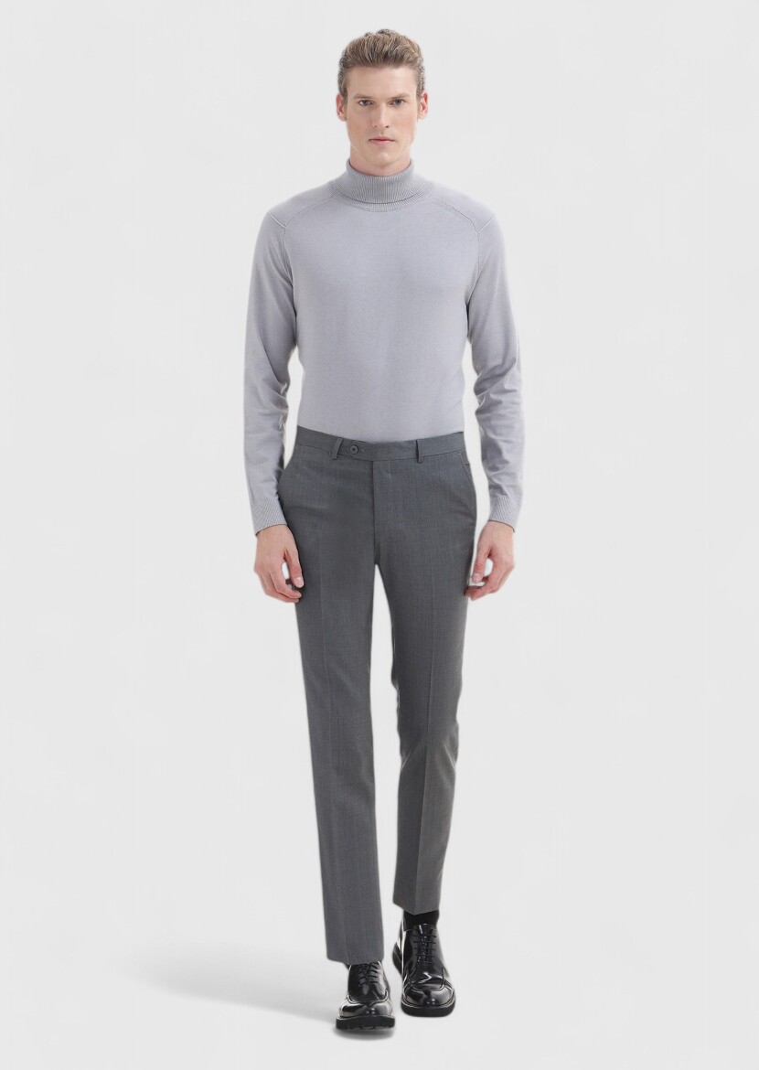 Grey Material Slim Fit Classical 100% Wool Trousers - 1