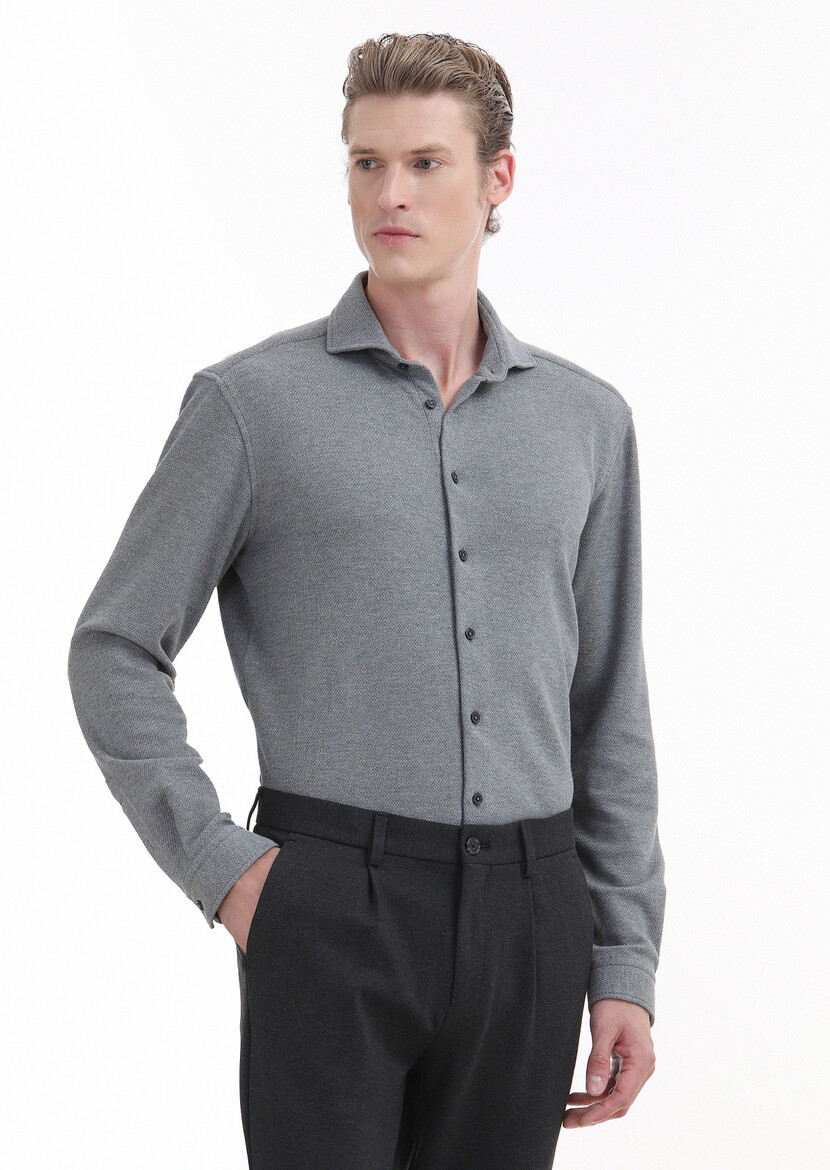 Grey Micro Regular Fit Knitting Casual 100% Cotton Shirt 