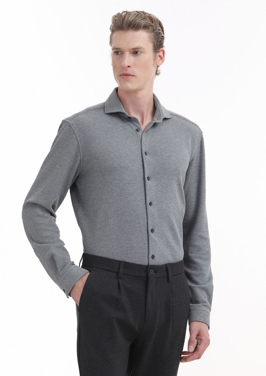 Grey Micro Regular Fit Knitting Casual 100% Cotton Shirt - 1