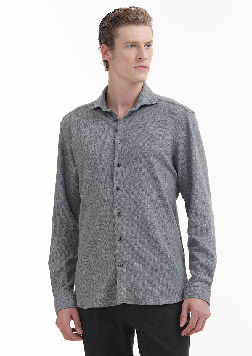 Grey Micro Regular Fit Knitting Casual 100% Cotton Shirt - 3