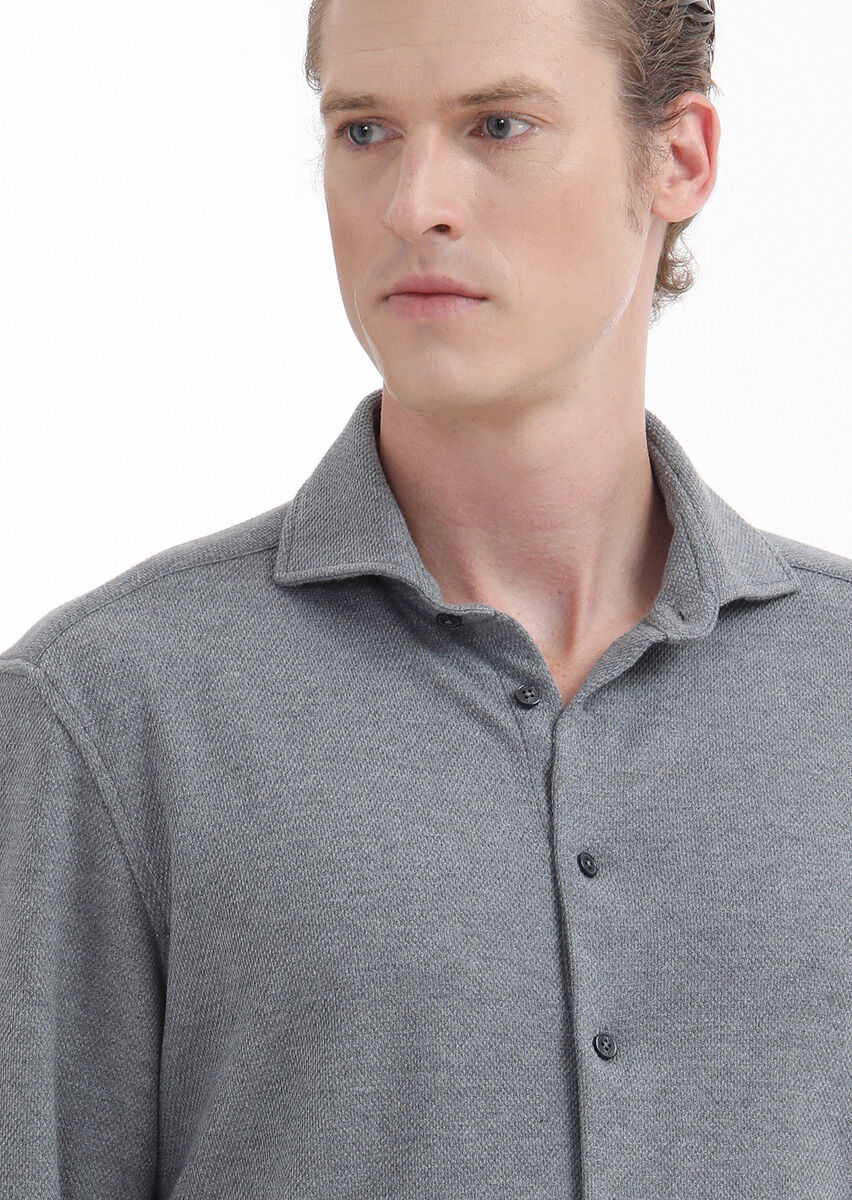 Grey Micro Regular Fit Knitting Casual 100% Cotton Shirt - 5