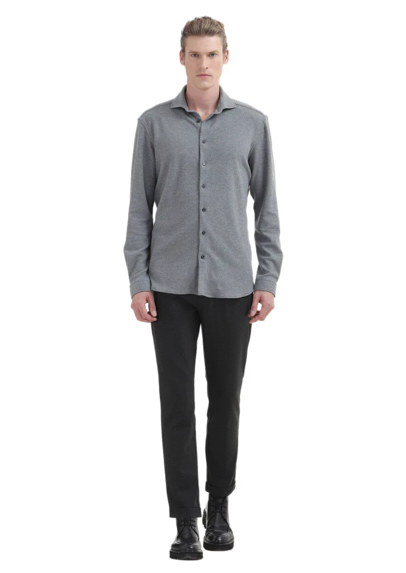 Grey Micro Regular Fit Knitting Casual 100% Cotton Shirt 