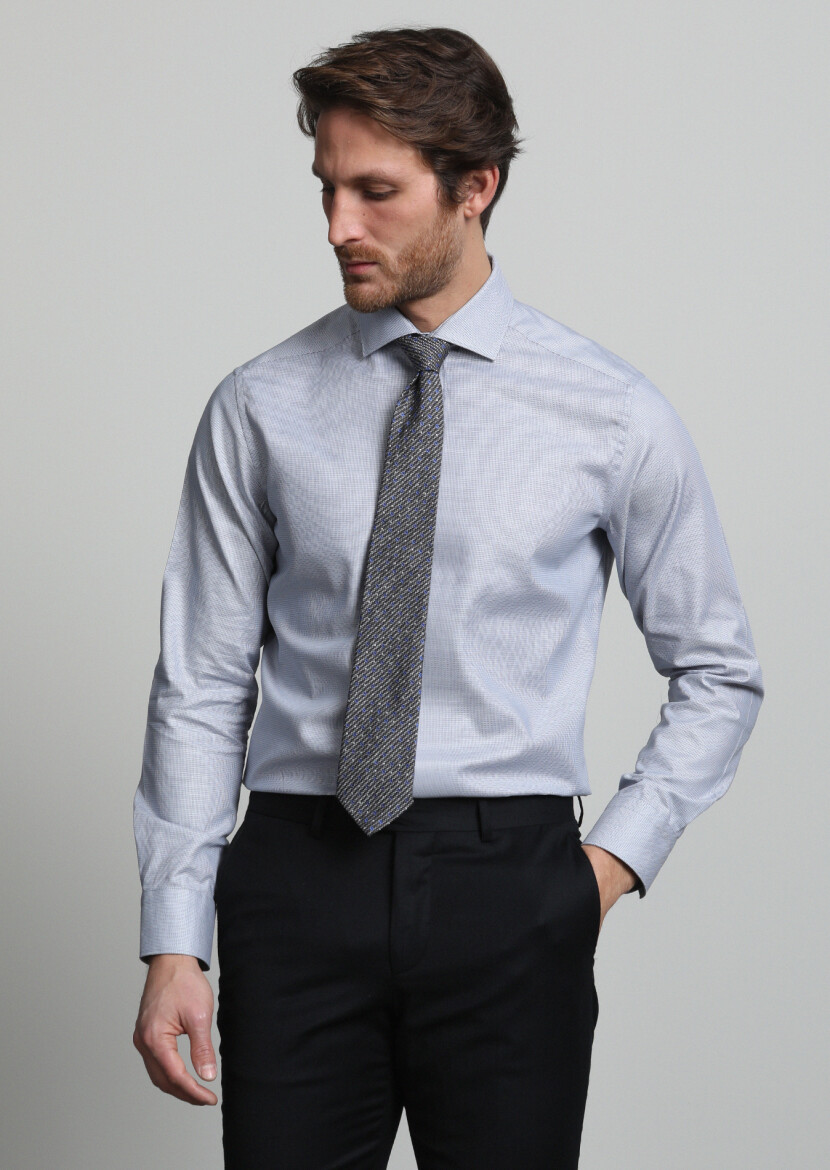 Grey Micro Regular Fit Long Weaving Classical 100% Cotton Shirt - 1