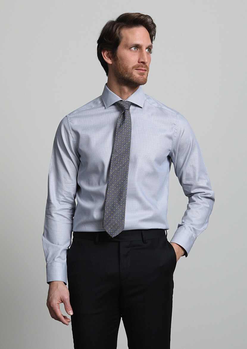 Grey Micro Regular Fit Long Weaving Classical 100% Cotton Shirt - 2