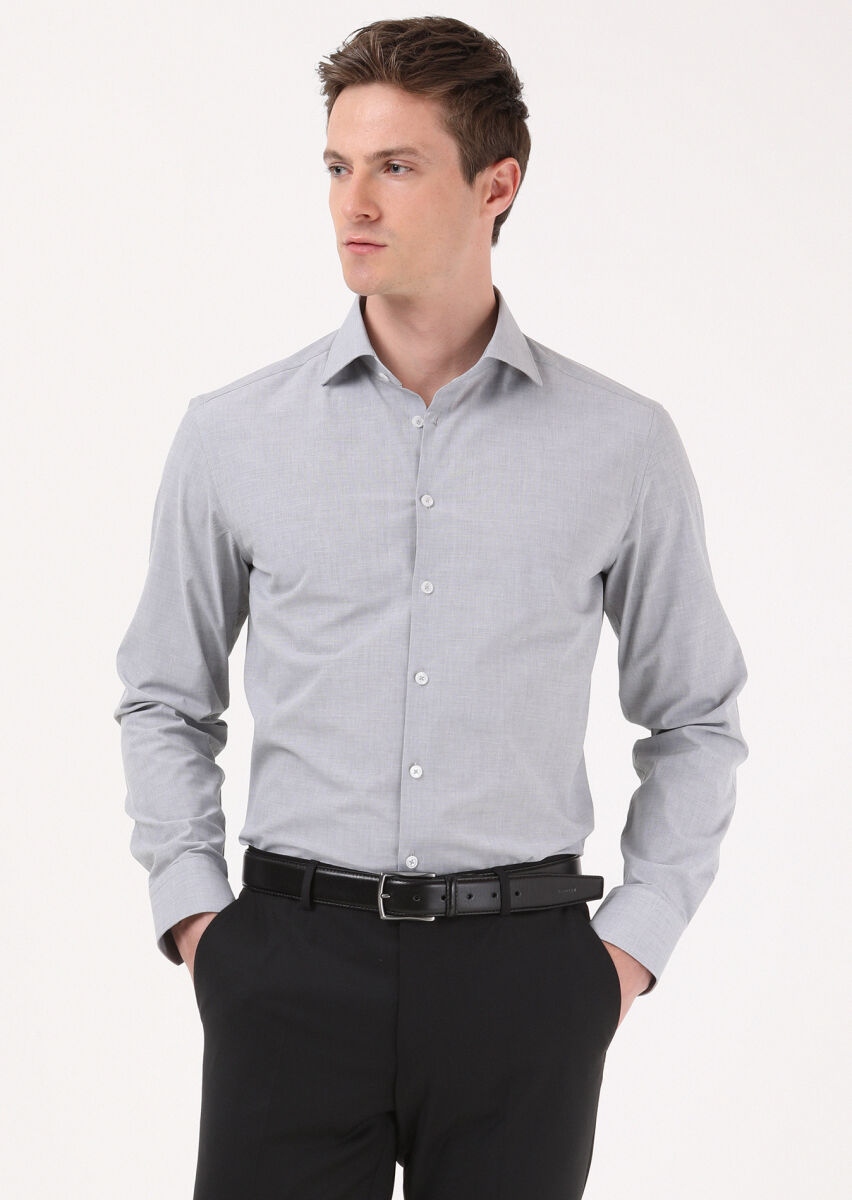 Grey Micro Regular Fit Long Weaving Classical 100% Cotton Shirt - 4