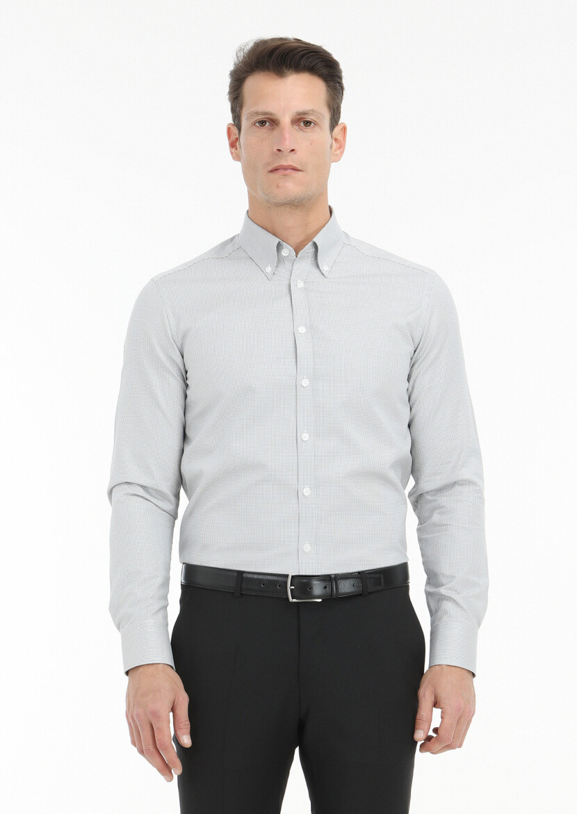 Grey Micro Regular Fit Long Weaving Classical 100% Cotton Shirt 