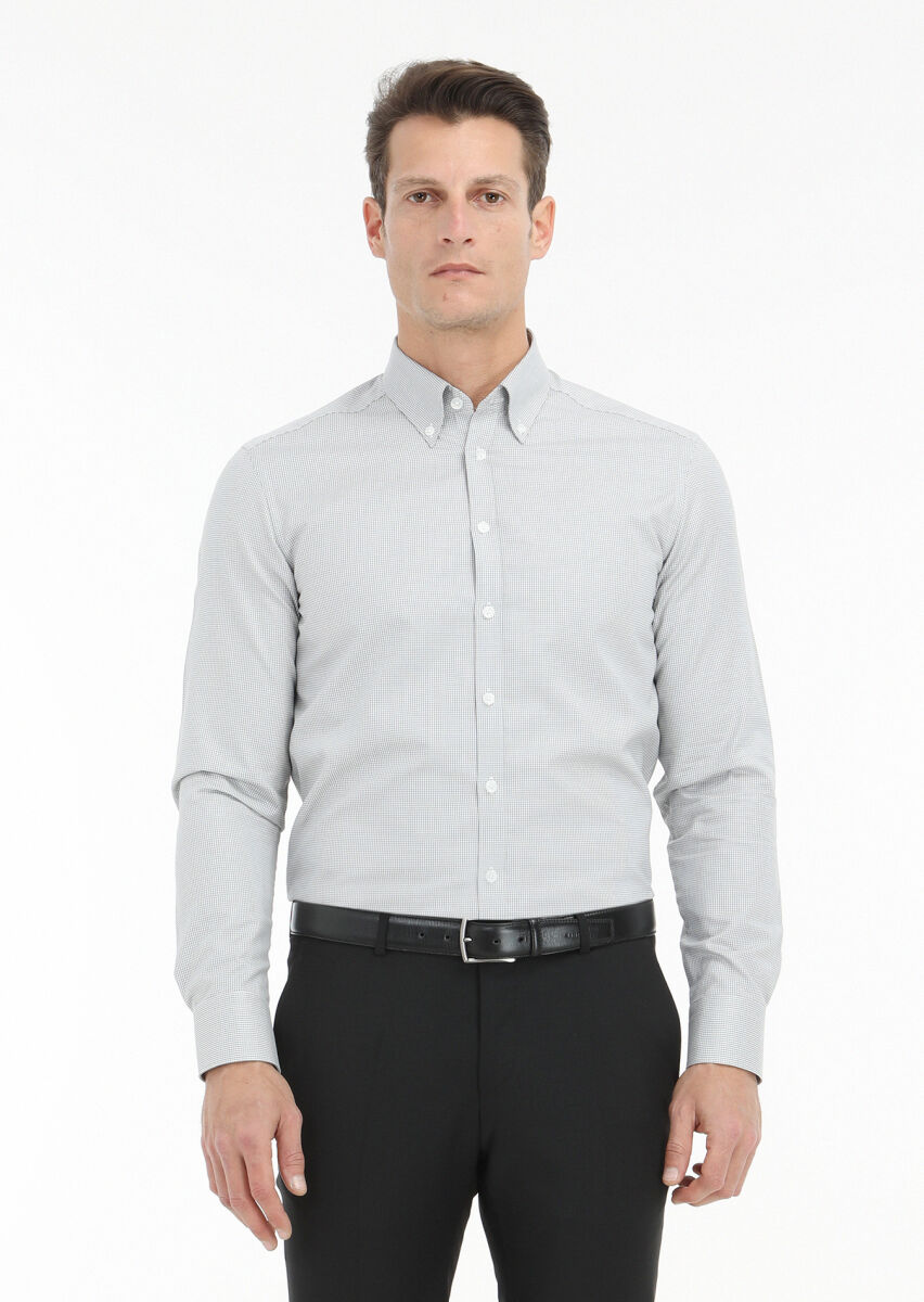 Grey Micro Regular Fit Long Weaving Classical 100% Cotton Shirt - 2