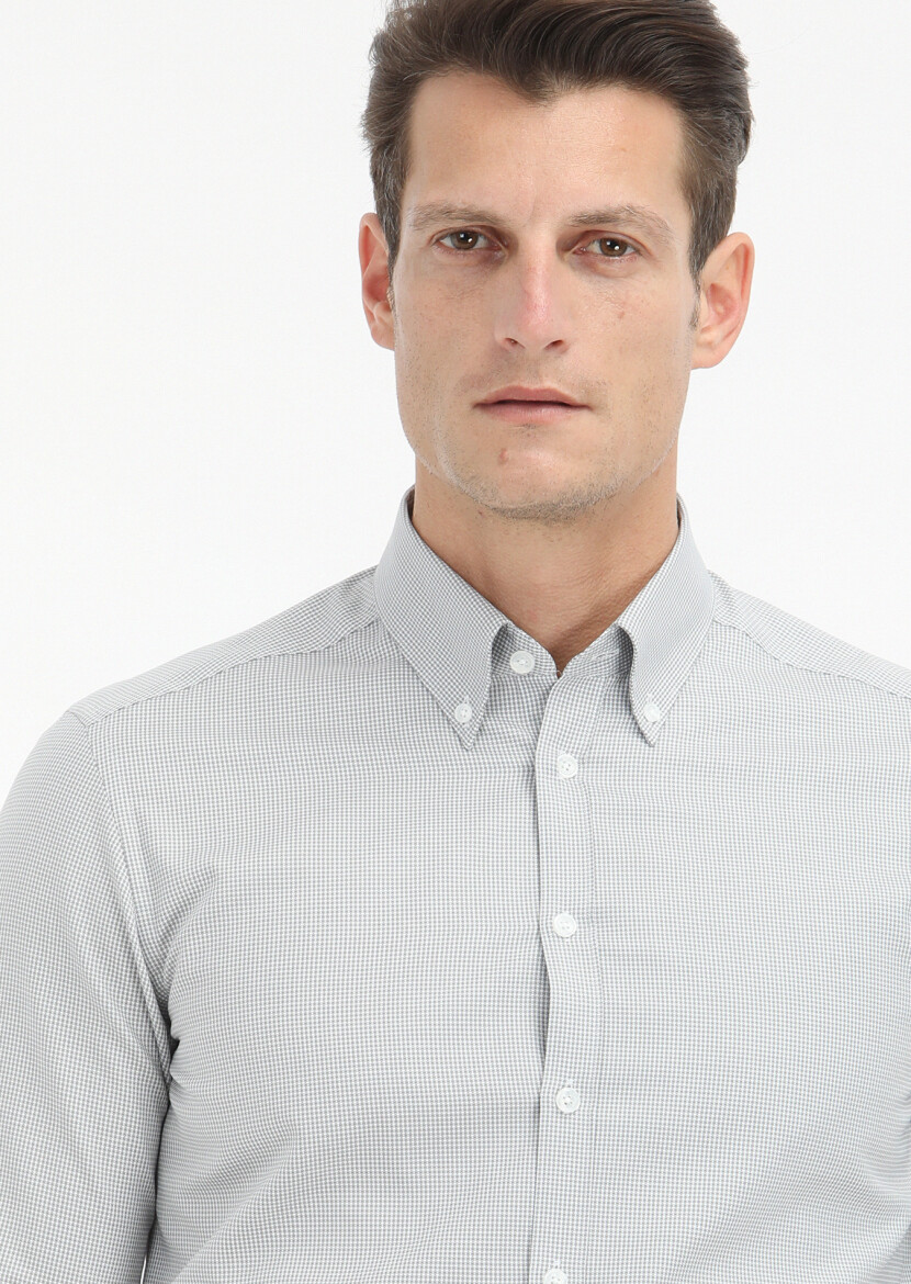 Grey Micro Regular Fit Long Weaving Classical 100% Cotton Shirt - 3