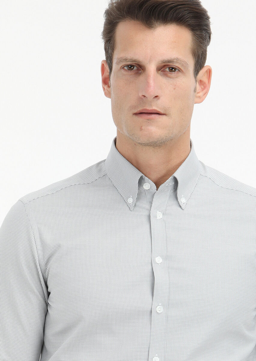 Grey Micro Regular Fit Long Weaving Classical 100% Cotton Shirt - 3