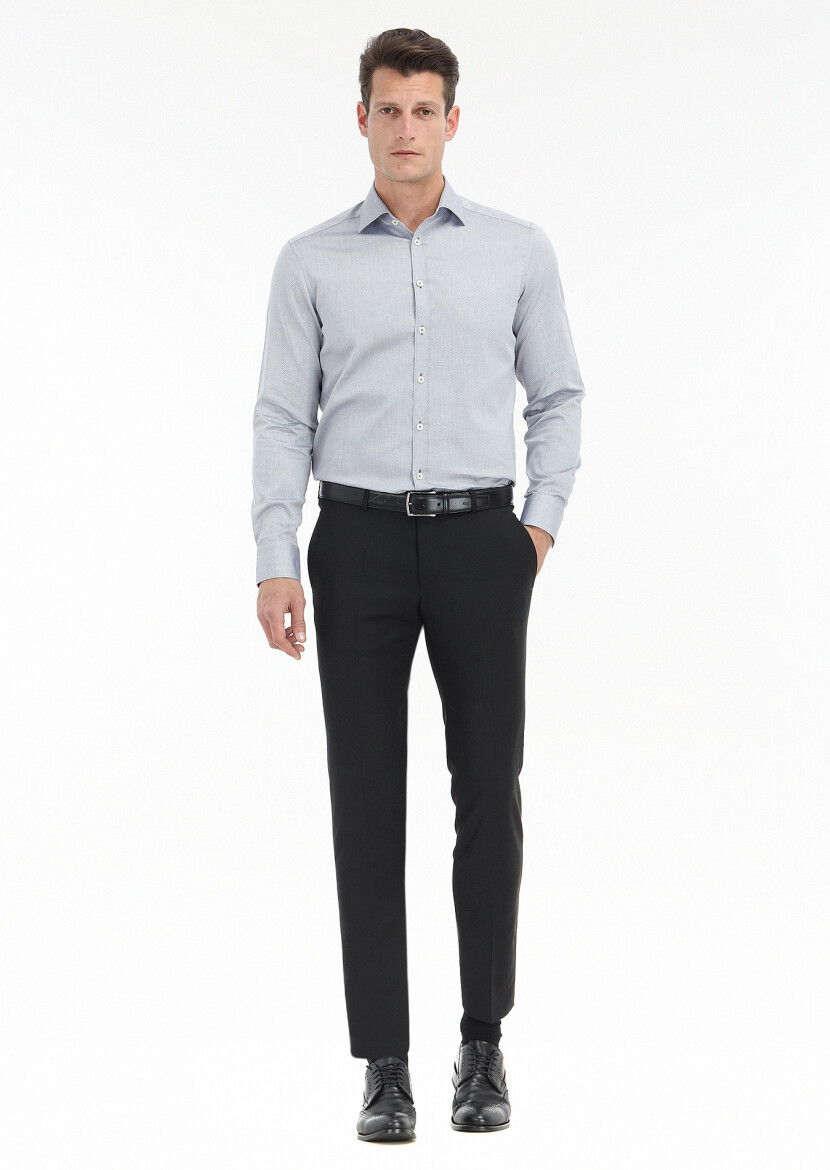 Grey Micro Regular Fit Long Weaving Classical 100% Cotton Shirt - 1