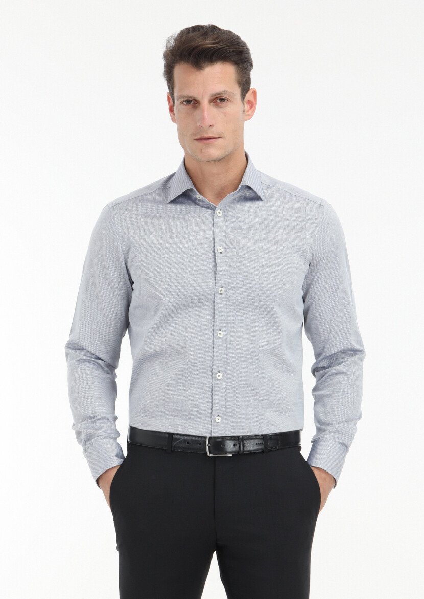 Grey Micro Regular Fit Long Weaving Classical 100% Cotton Shirt - 2