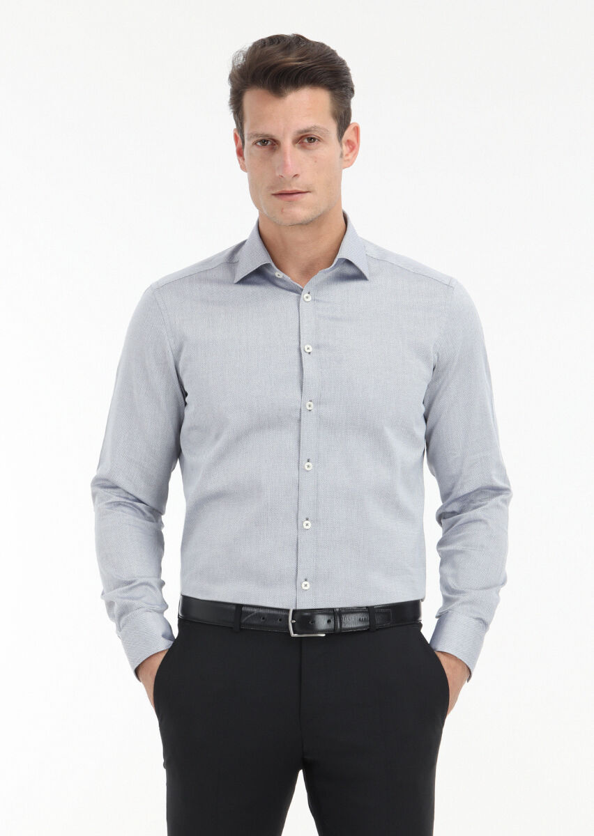 Grey Micro Regular Fit Long Weaving Classical 100% Cotton Shirt - 2