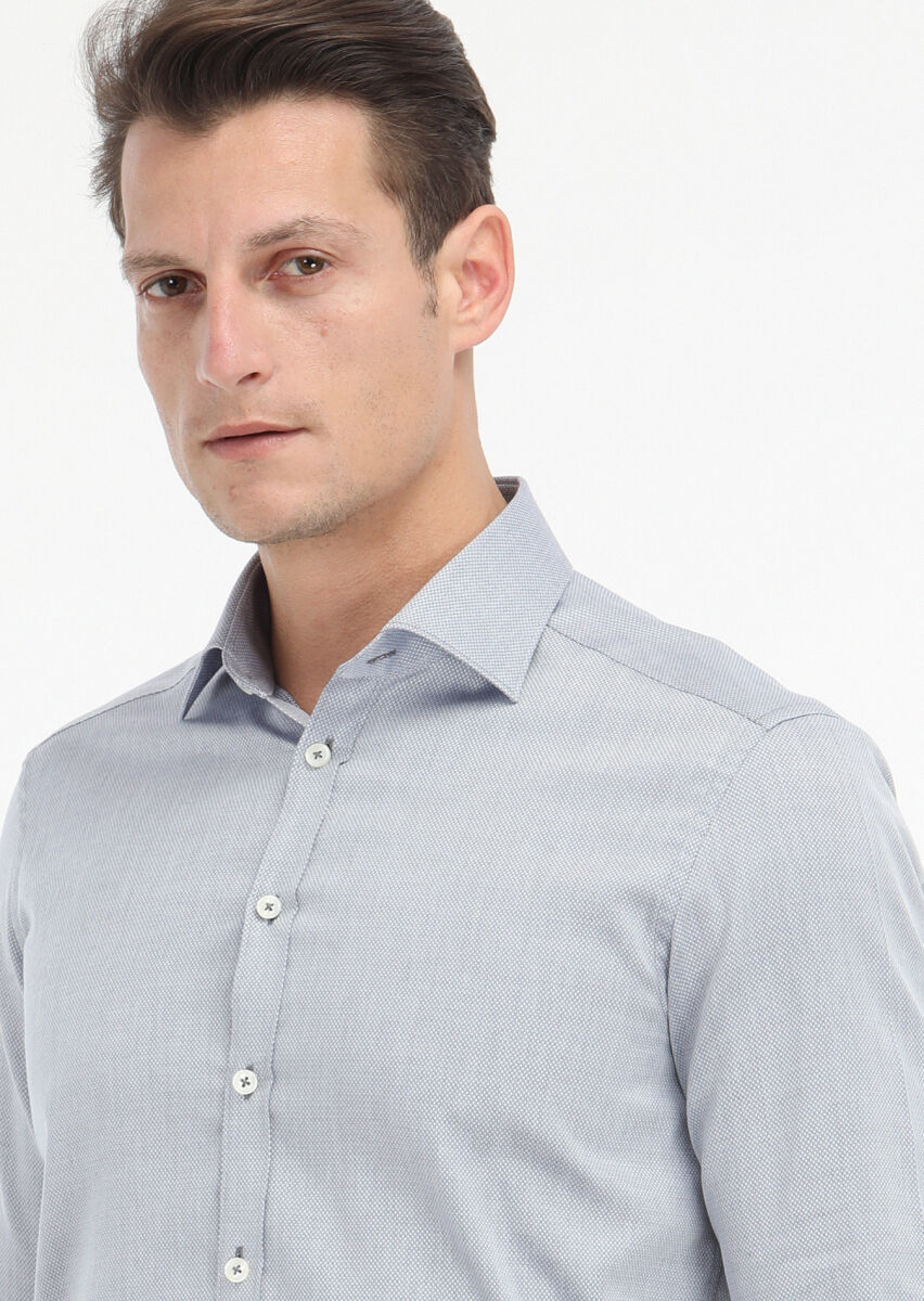 Grey Micro Regular Fit Long Weaving Classical 100% Cotton Shirt - 3