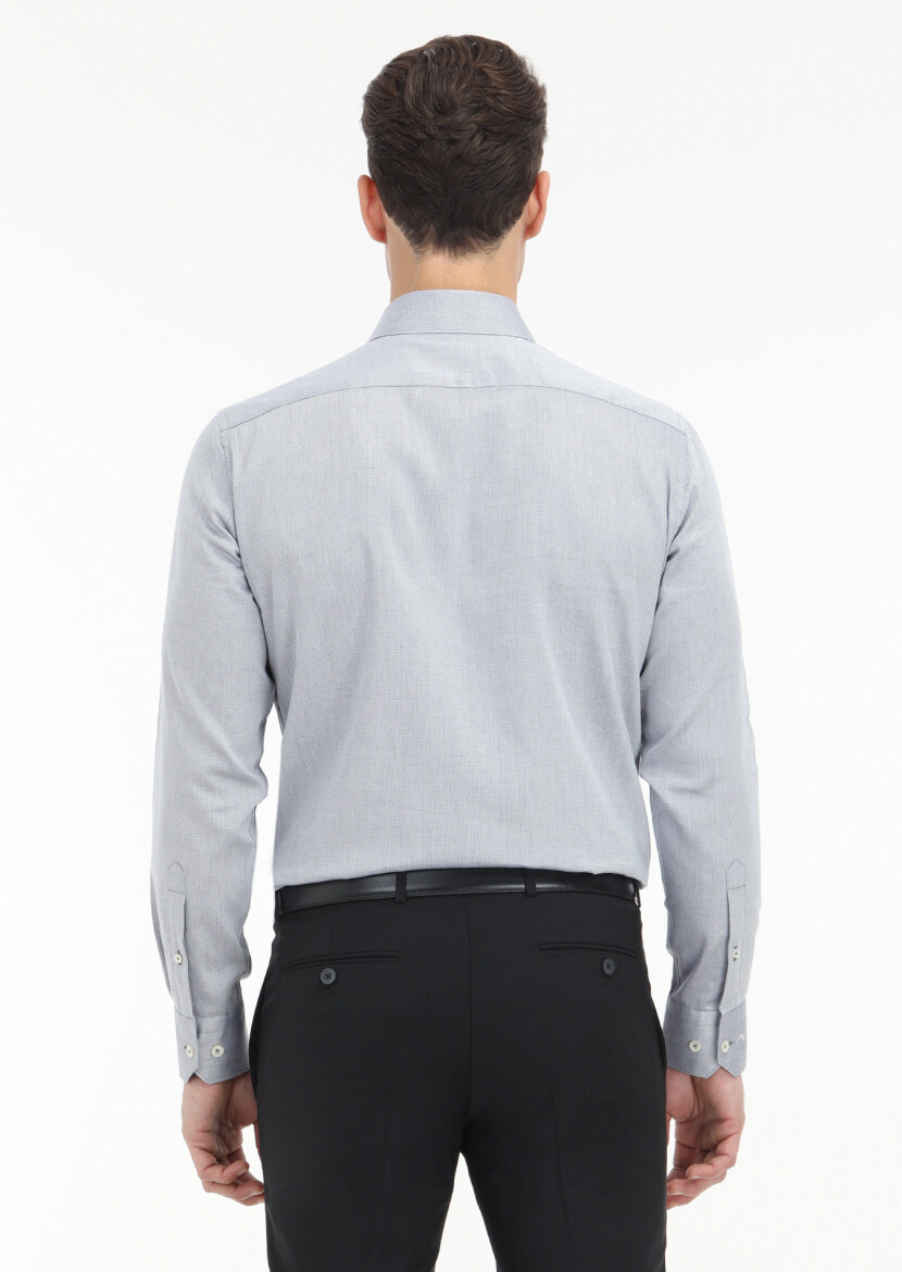 Grey Micro Regular Fit Long Weaving Classical 100% Cotton Shirt - 4