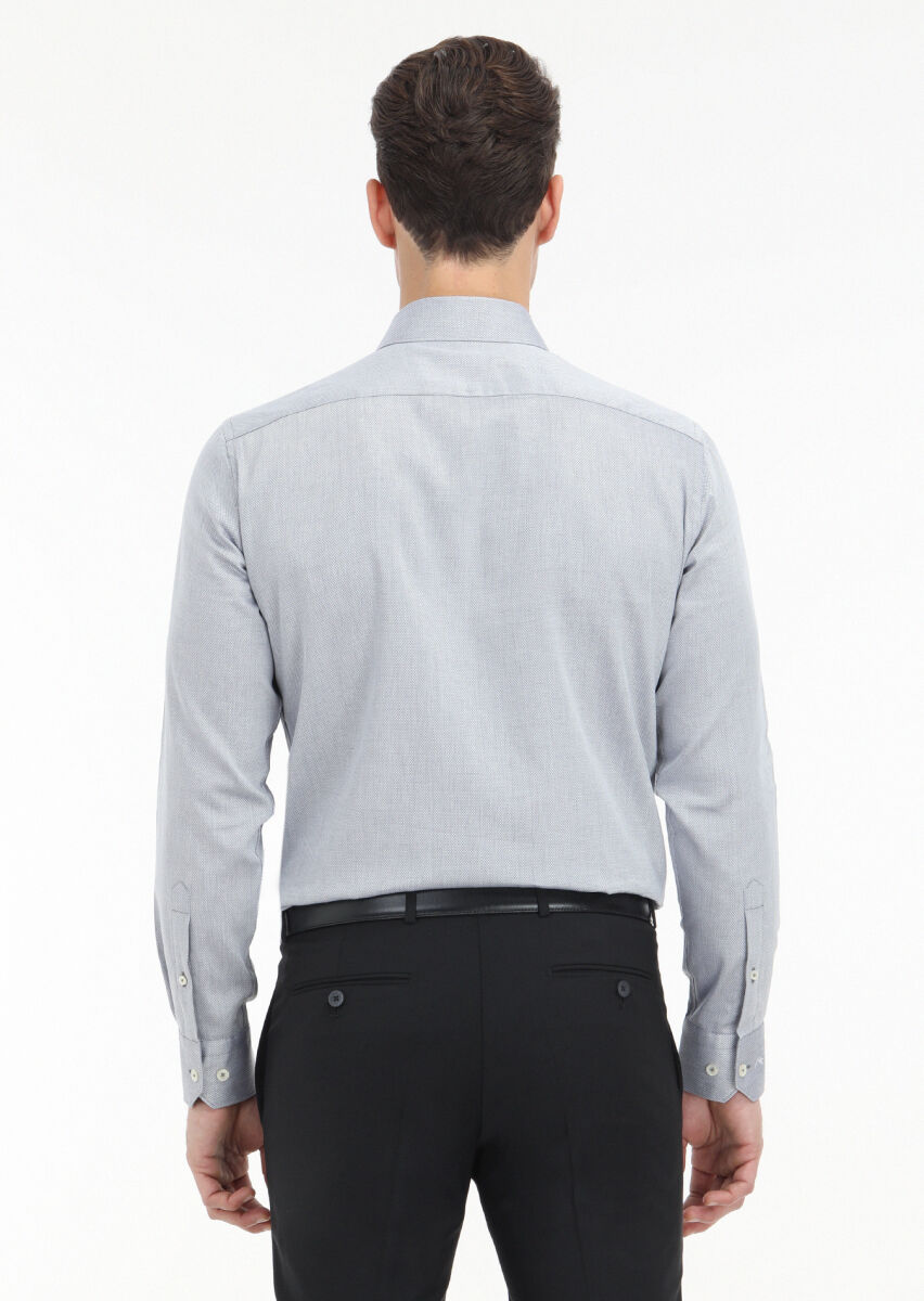 Grey Micro Regular Fit Long Weaving Classical 100% Cotton Shirt - 4