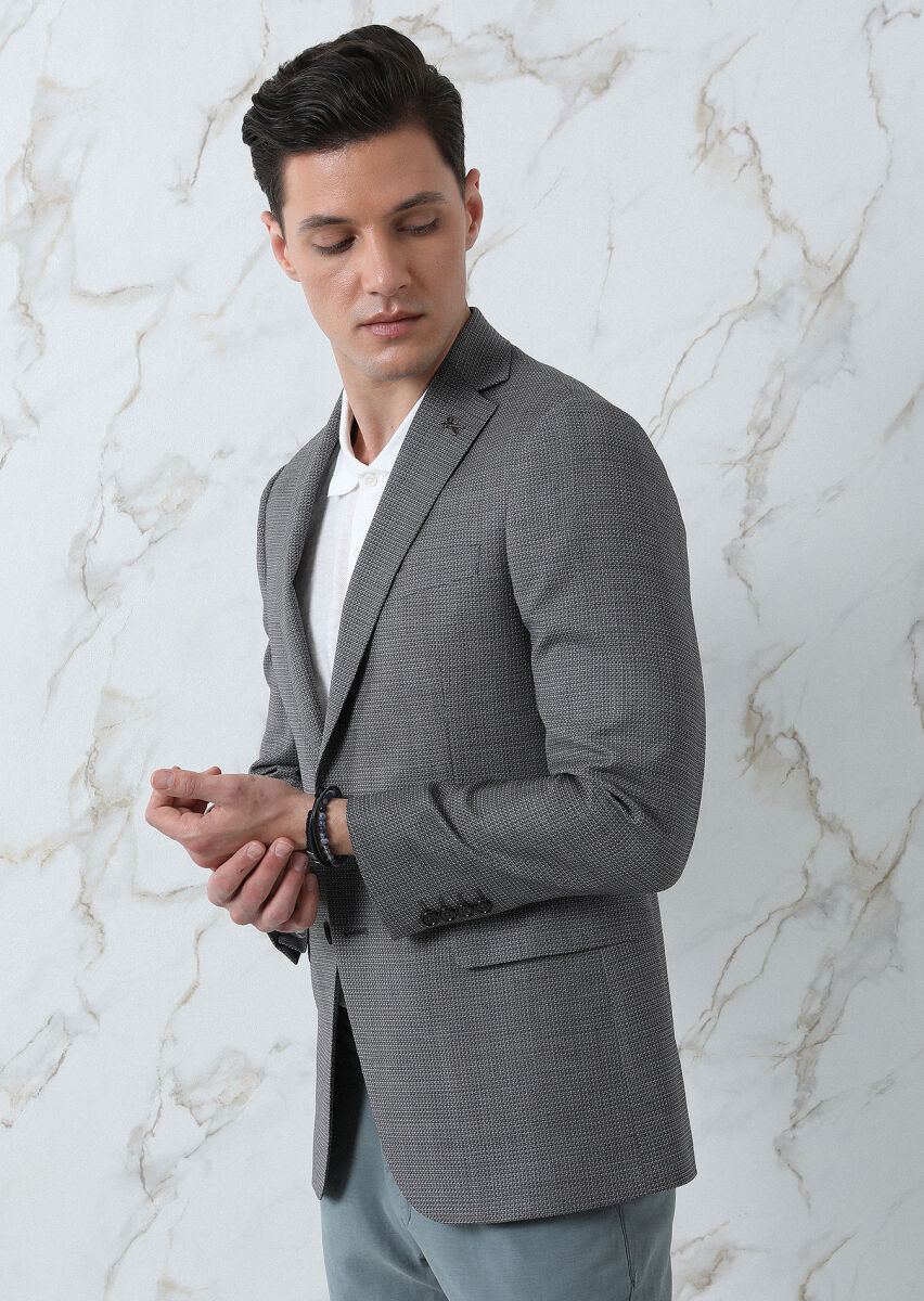 Grey Micro Regular Fit Silk Blended Jacket - 1