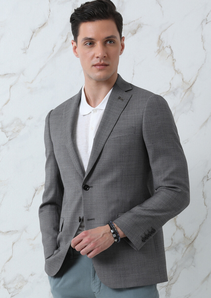 Grey Micro Regular Fit Silk Blended Jacket - 2