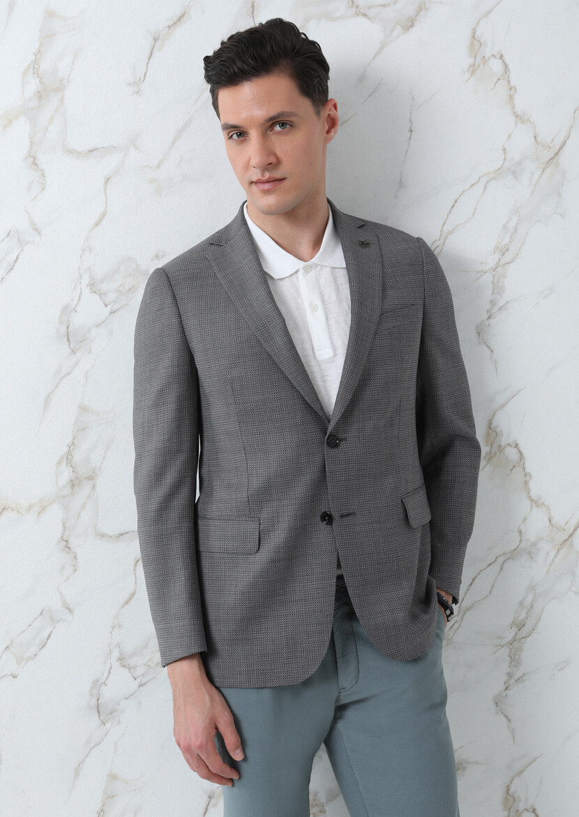 Grey Micro Regular Fit Silk Blended Jacket - 3