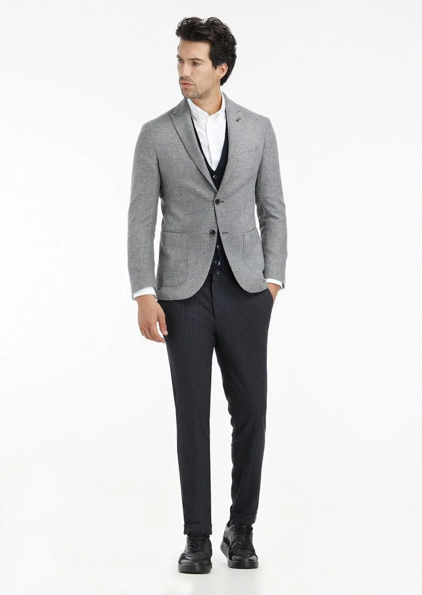 Grey Micro Shirt Shoulder Slim Fit Wool Blended Jacket - 1