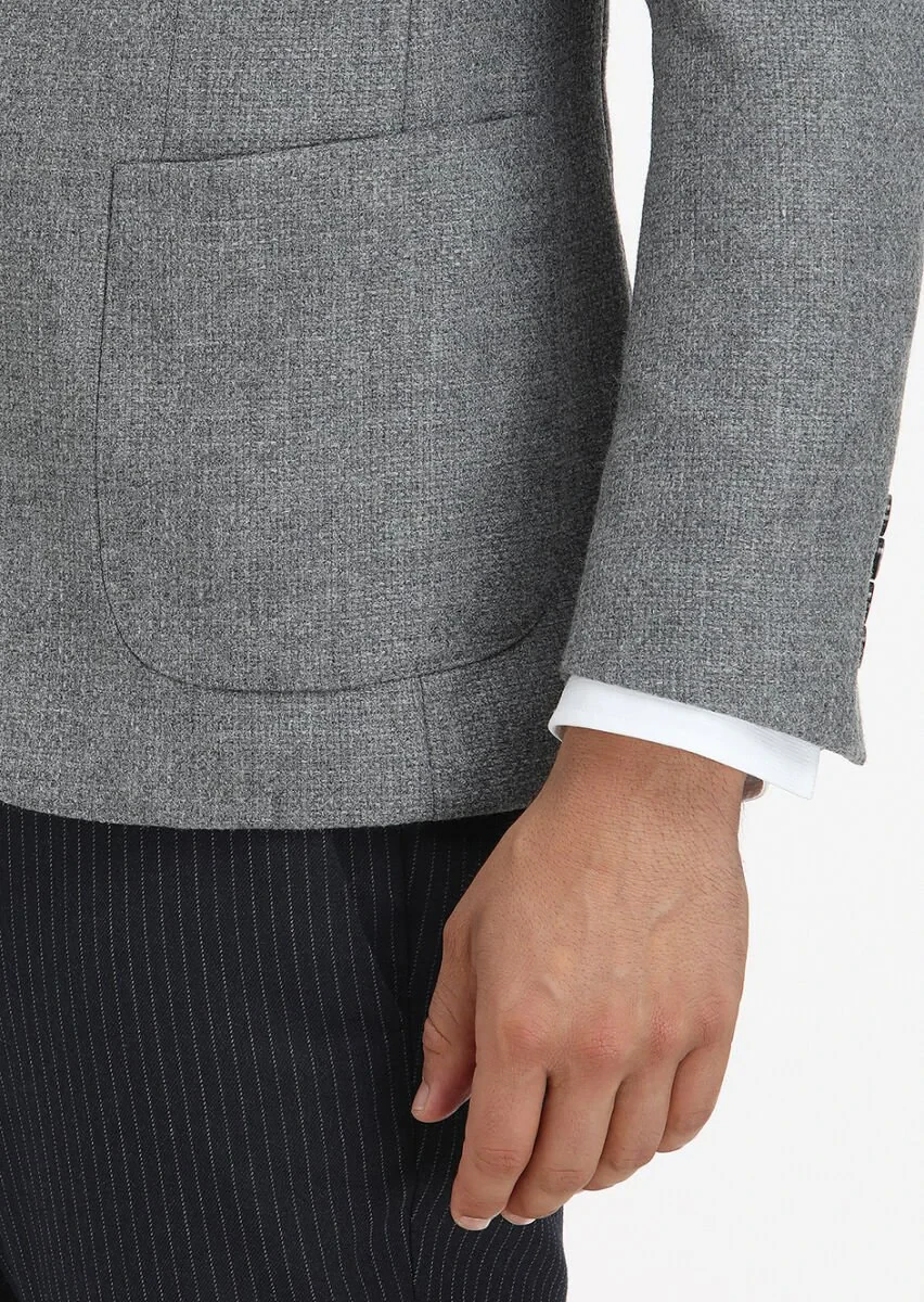 Grey Micro Shirt Shoulder Slim Fit Wool Blended Jacket - 4