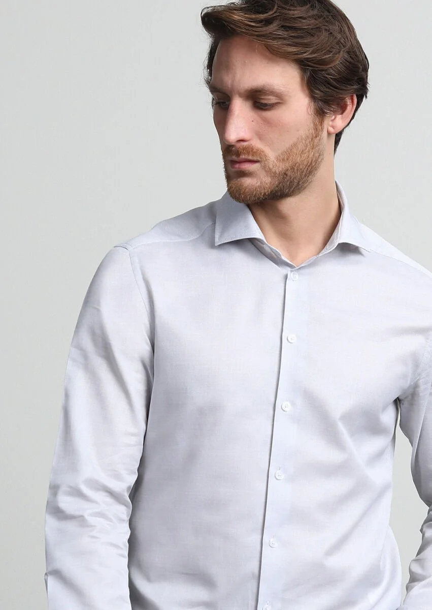 Grey Micro Slim Fit Weaving Casual 100% Cotton Shirt - 1