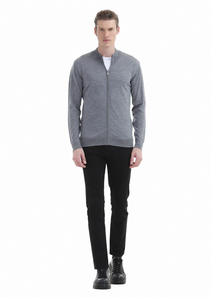 Grey Mock-Turtleneck Plain Knitting 100% Wool Cardigan - 1
