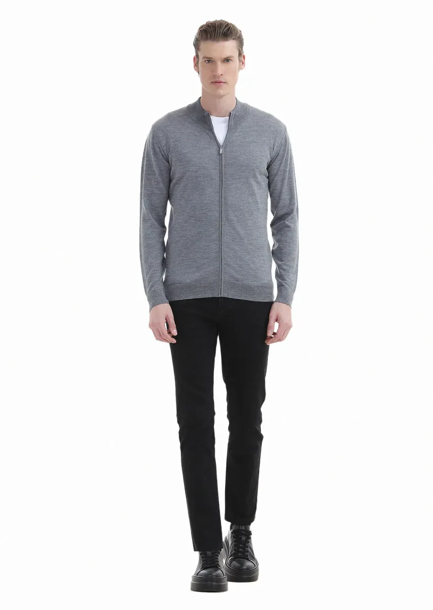 Grey Mock-Turtleneck Plain Knitting 100% Wool Cardigan - 1